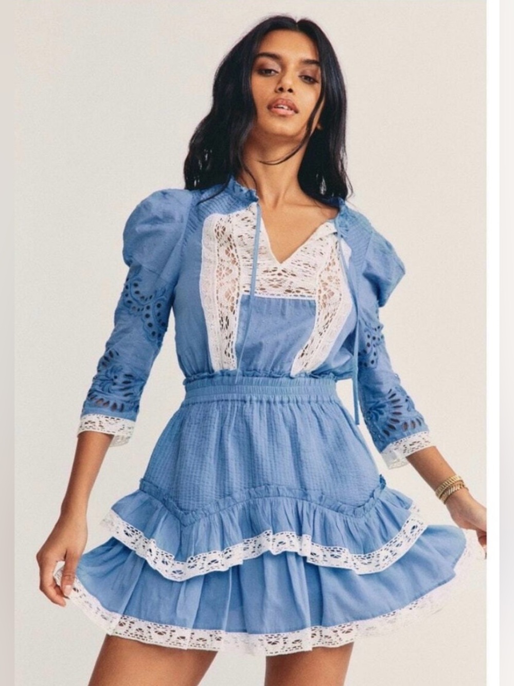 LoveShackFancy Isidore Blue Lace-Trim Tiered Dress